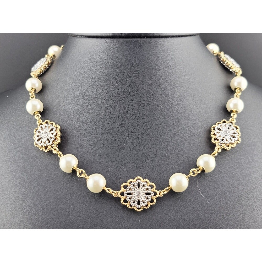 Signed Charter Club Glass Pearl Silver Gold Filigree Flower Chain Necklace